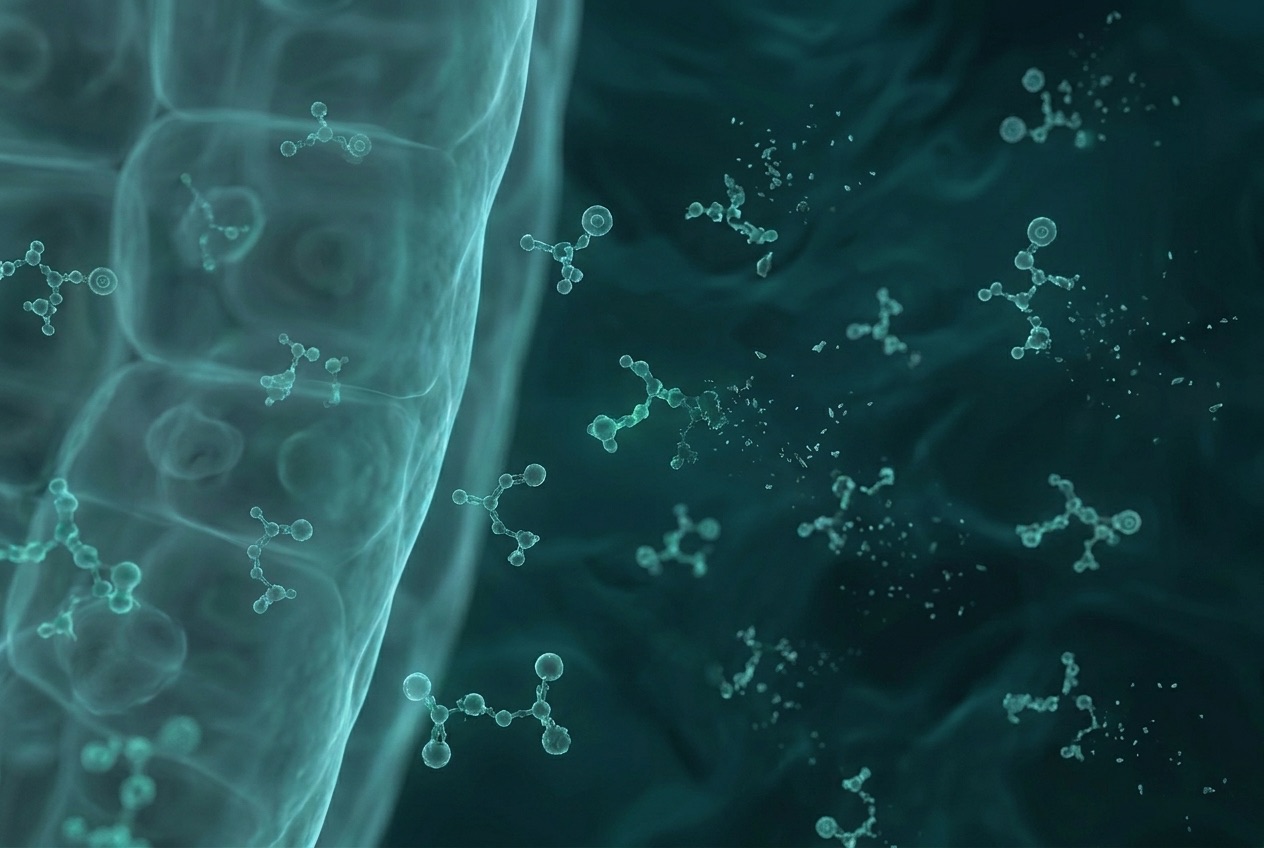 Nutrient molecules dispersing and being lost at the intestinal barrier