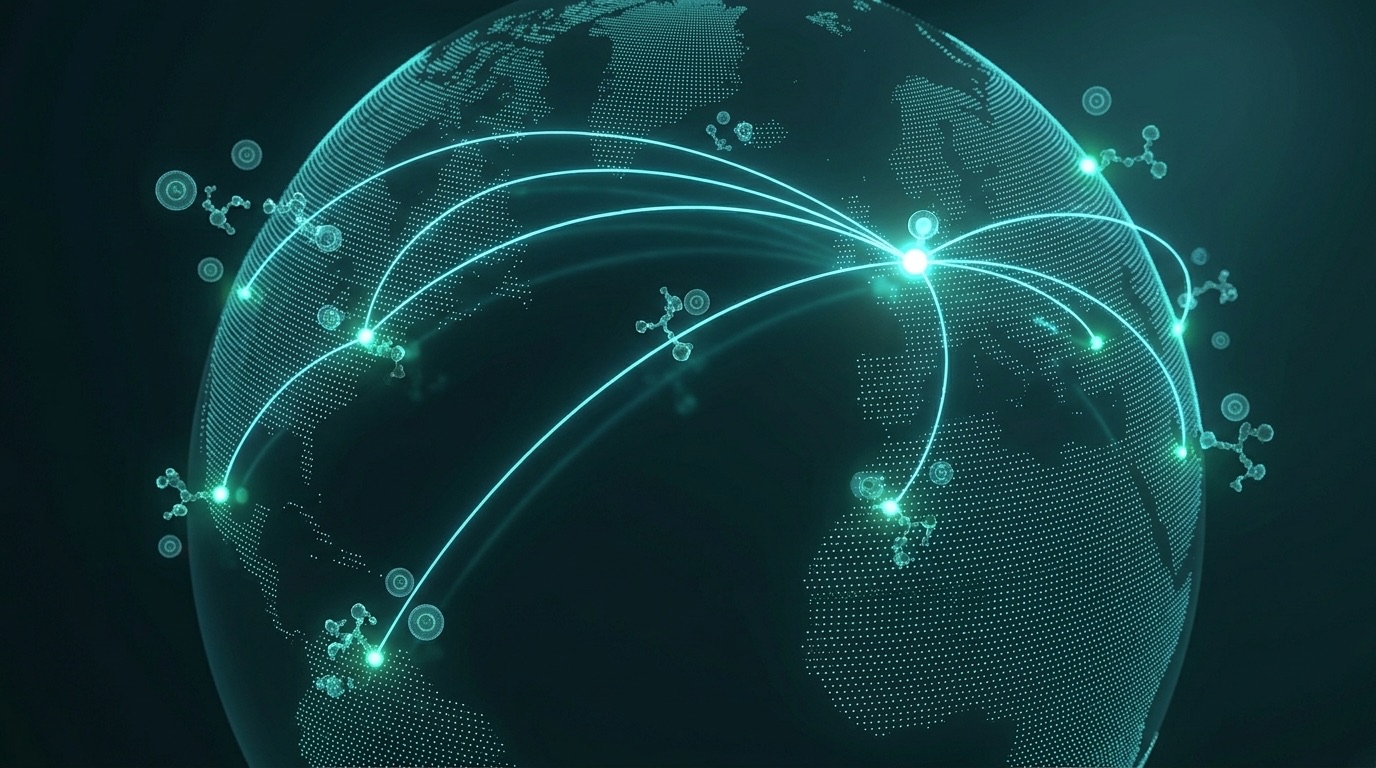 A globe showing connections from Amsterdam across Europe to North America and Mexico