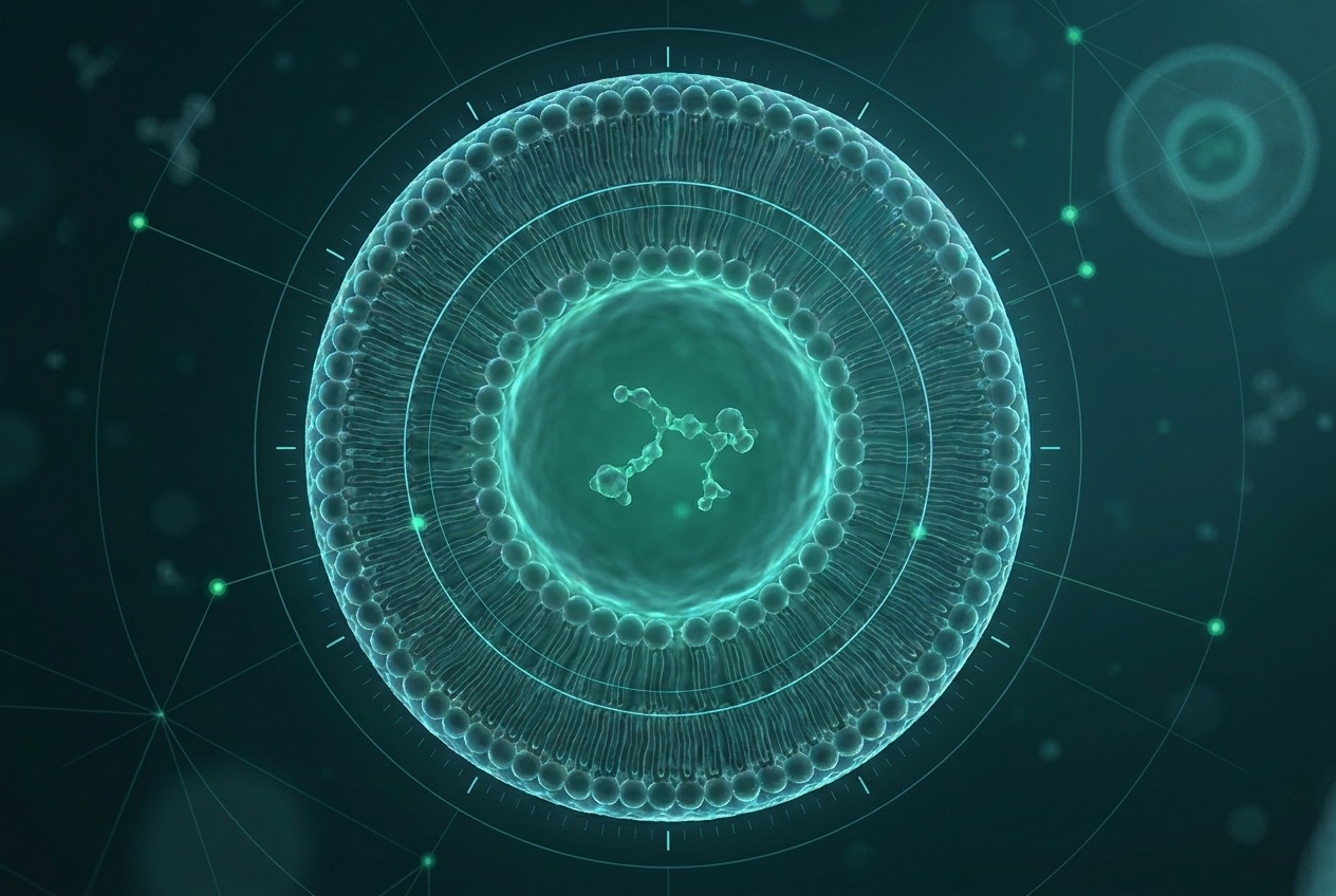 A liposome under laboratory characterization with measurement rings and data nodes
