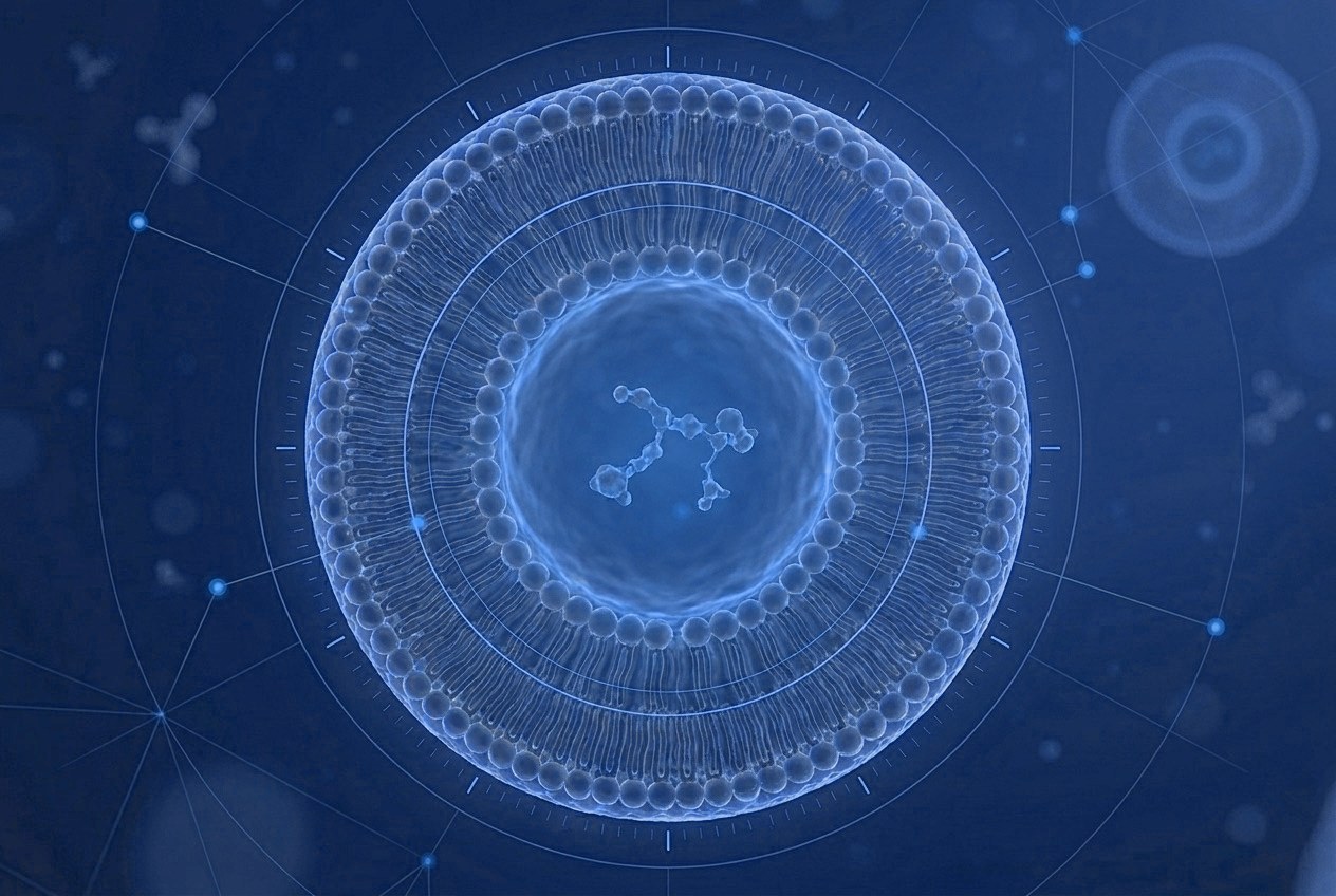 A liposome under laboratory characterization with measurement rings and data nodes